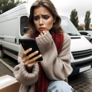 DALL·E 2023 10 20 05.12.20 Photo of a woman checking her phone looking worried with a delivery van in the background 13