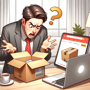 DALL·E 2023 10 20 05.19.23 A confused customer looking at an opened box with an unexpected item inside next to a laptop with the AliExpress website open 11