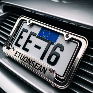 DALL·E 2023 10 20 07.18.19 Photo of a European Standard stainless steel license plate frame on a car. The frame is sleek made of stainless steel and designed to hold a license 9