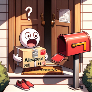 DALL·E 2023 10 20 07.51.20 A package with the AliExpress logo on it sitting on a doorstep with a confused looking mailbox next to it 7