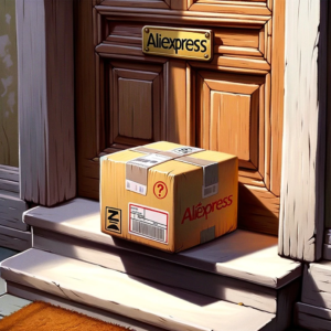 DALL·E 2023 10 20 07.58.52 Un colis avec le logo AliExpress dessus pose sur un seuil de porte avec une boite aux lettres qui semble perplexe a cote 5
