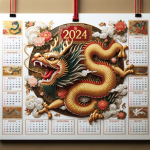 DALL·E 2023 10 20 19.55.24 Artistic representation of a hanging wall calendar for 2024 highlighting the Year of the Dragon with Chinese motifs and gold foil embellishments 18