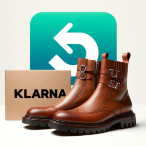 DALL·E 2023 10 20 20.25.50 A pair of stylish boots next to a Klarna logo with a return arrow symbol in the background 16