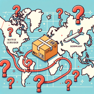 DALL·E 2023 10 20 20.56.19 Illustration of a lost package on a world map with a route from the Netherlands to Germany surrounded by question marks 15