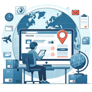 DALL·E 2023 10 20 21.05.19 An illustration of a person sitting in front of a computer checking the tracking status of a package on a website with a globe and postal packages in 14