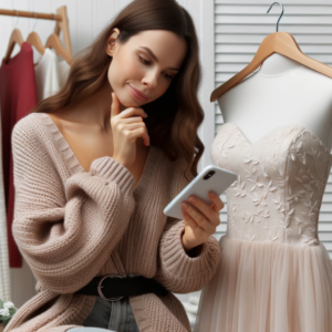 DALL·E 2023 10 20 21.23.15 A woman looking at a dress she bought online pondering whether it fits her or not 13