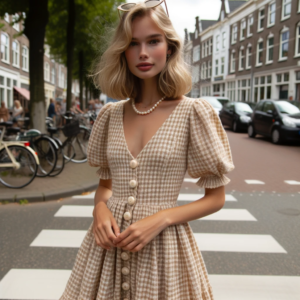 DALL·E 2023 10 21 04.48.15 Een stijlvolle vrouw die een gehaakte golvende jurk draagt met korte mouwen geschikt voor een zomerse sfeer in een straatmode setting 12