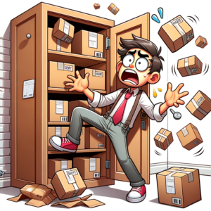 DALL·E 2023 10 21 05.27.02 cartoon of a customer looking confused with packages bouncing between a cupboard and a wall capturing the essence of AliExpress delivery dilemmas 10