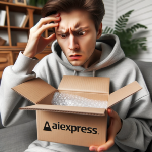 DALL·E 2023 10 21 05.35.32 Photo of a person looking puzzled at an open package with the AliExpress logo subtly present 9