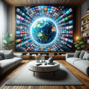 DALL·E 2023 10 21 05.42.00 Photo of a modern living room with a large flat screen TV displaying a variety of channels symbolizing the vast variety of an IPTV package 8