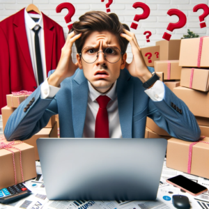 DALL·E 2023 10 21 17.09.39 Photo of a confused online shopper looking at their computer symbolizing the common challenges faced when shopping on international websites like Ali 5