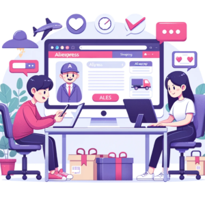 DALL·E 2023 10 21 17.51.45 Illustration of a person shopping online and chatting with an AliExpress seller both sitting behind their computers 4