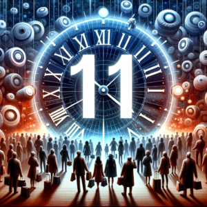 DALL·E 2023 10 21 20.36.14 Artistic representation of a digital sale countdown with 11.11 prominently displayed and shoppers eagerly waiting 1 2