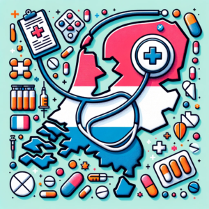 DALL·E 2023 10 22 07.39.07 Illustration of the map of Netherlands with healthcare symbols like a stethoscope pills and medical bills scattered around 2