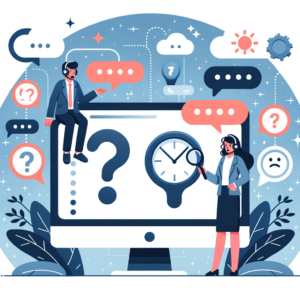 DALL·E 2023 10 22 11.39.44 Illustration of a customer and support representative communicating over a digital chat platform with symbols of confusion and understanding floating 4