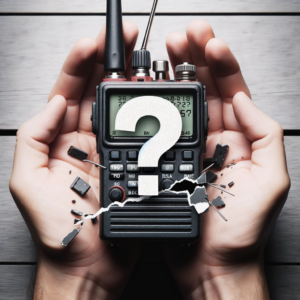 DALL·E 2023 10 23 05.01.54 A broken radio transceiver with a question mark overlay symbolizing confusion and the need for troubleshooting 3