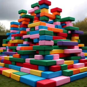DALL·E 2023 10 23 06.29.43 Photo of a hindernisbaan made from colorful foam stacking stones 1