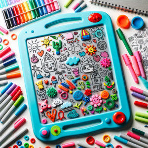 DALL·E 2023 10 23 07.08.51 Photo of a colorful childrens magnetic drawing board with various doodles and drawings on it surrounded by colorful markers and art supplies 1