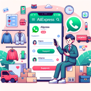 DALL·E 2023 10 23 08.08.44 Illustration of a person chatting with AliExpress support representative on WhatsApp with products from AliExpress in the background 1