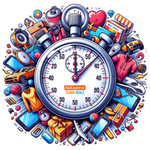 DALL·E 2023 10 24 06.20.09 Illustration of a stopwatch with products like electronics clothing and toys around it symbolizing the limited time of AliExpress Flash Deals 1