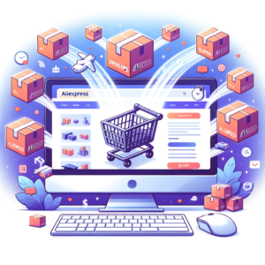 DALL·E 2023 10 24 06.41.52 Illustration of a computer screen displaying the AliExpress website with product boxes emerging and transforming into a shopping cart symbolizing the 1