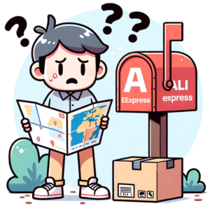 DALL·E 2023 10 24 08.19.23 Illustration of a confused person holding a map in front of a mailbox with the AliExpress logo symbolizing a lost package 18