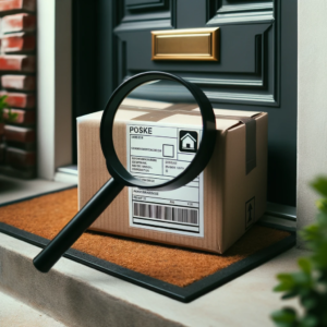 DALL·E 2023 10 24 19.13.57 Photo of a package on a doorstep with a magnifying glass hovering over an address label highlighting the importance of a correct address 1 14