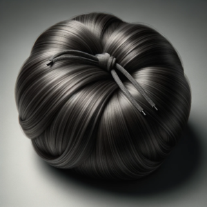 DALL·E 2023 10 25 05.11.39 Close up photo of a human hair bun with a drawstring design emphasizing its ease of use and premium quality 12
