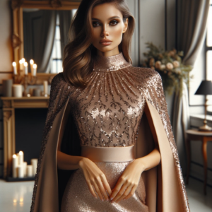 DALL·E 2023 10 25 05.24.25 Photo of a model wearing the Yisikado Womens Mock Neck Cape Sleeve Sequin Formal Dress striking a sophisticated pose in an evening setting 11