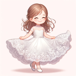 DALL·E 2023 10 25 05.48.45 Illustration of a little girl wearing a white elegant lace dress smiling and twirling around showcasing the flow of the dress 10