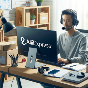 DALL·E 2023 10 25 15.19.26 A photo of a customer support desk with a computer headphones and AliExpress logo prominently displayed 6