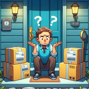 DALL·E 2023 10 25 20.41.49 Illustration of a confused person looking at two packages with similar addresses on a doorstep 3