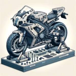 DALL·E 2023 10 26 05.09.37 Illustration of a technical motorcycle model building block set with intricate details on a display stand 1
