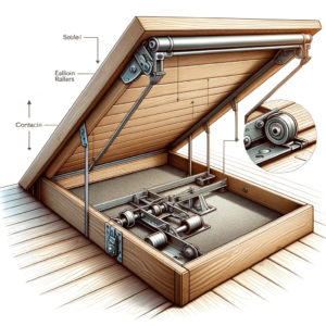 DALL·E 2023 10 26 07.19.02 Illustration of a loft door with a touch latch mechanism highlighting the steel nylon rollers in action 1 15