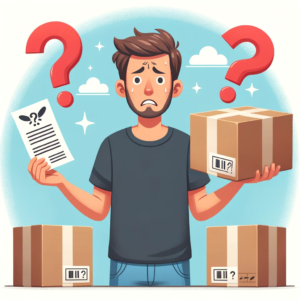 DALL·E 2023 10 26 19.01.19 Illustration of a confused man holding a package and a slip of paper representing the dilemma of an incorrect return address 11