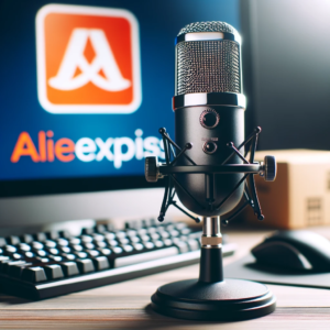 DALL·E 2023 10 26 20.17.08 Photo of a microphone on a desk with a computer and an AliExpress logo in the background 8
