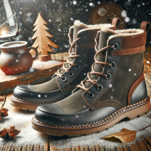 DALL·E 2023 10 27 05.18.22 Foto van waterdichte winter mannen laarzen gemaakt van koe suede in effen zwarte kleur geplaatst tegen een winterse achtergrond met sneeuw 6