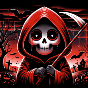 DALL·E 2023 10 27 06.27.46 Illustratie van een kind in een Rode Ogen Reaper Kostuum met rode gloeiende ogen die een zeis vasthoudt tegen een donkere en mistige Halloween achter 4