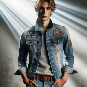 DALL·E 2023 10 27 07.07.50 Foto van een mannelijk model die de 2023 Populaire Herenjeans draagt met duidelijke details van het gat spetterende verf en esdoornblad badge tegen 2