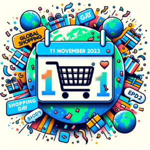 DALL·E 2023 10 27 07.58.51 Illustration of a digital calendar showing the date 11 November 2023 with a shopping cart icon surrounded by confetti and the words Global Shoppin 1