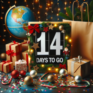 DALL·E 2023 10 27 08.04.14 Photo of a countdown board showing 14 days to go with shopping bags and a globe in the background accompanied by festive decorations and confetti 12