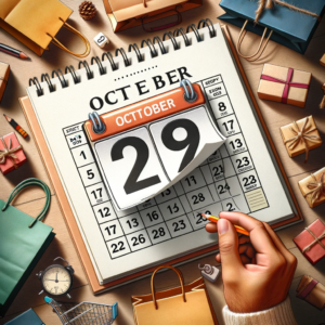 DALL·E 2023 10 27 08.06.53 Photo of a calendar page being flipped to reveal the date 29 October 2023 surrounded by scattered shopping bags and a big 12 days to go text 7