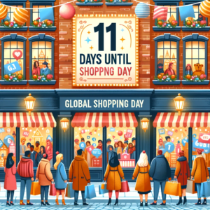 DALL·E 2023 10 27 08.13.38 Illustration of a festive shopping street with stores having banners saying 11 days until Global Shopping Day and shoppers eagerly looking at window 1