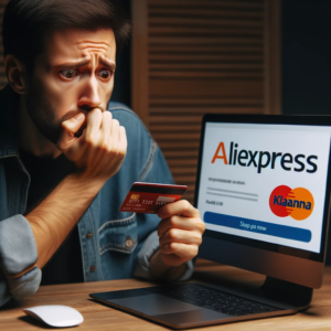 DALL·E 2023 10 28 06.14.51 Photo of a person looking worried while holding their credit card and looking at a computer screen that shows the AliExpress logo and Klarna logo 14