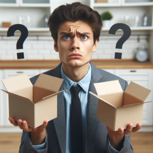 DALL·E 2023 10 28 12.25.57 Photo of a person looking confused while holding two empty boxes symbolizing a missing item 1