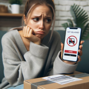 DALL·E 2023 10 28 13.28.30 Photo of a disappointed woman holding a phone looking at a package tracking website with a not delivered status 1