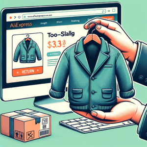 DALL·E 2023 10 28 14.35.41 Illustration of a hand holding a too small jacket with a return label next to it against the backdrop of a computer monitor displaying the AliExpress 1