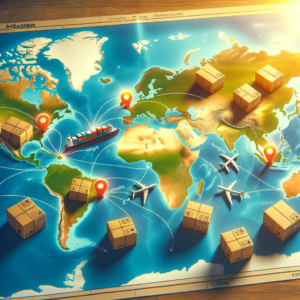 DALL·E 2023 10 28 14.42.13 Photo of a world map with AliExpress packages traveling from China to the Netherlands highlighting the journey and potential return route 1