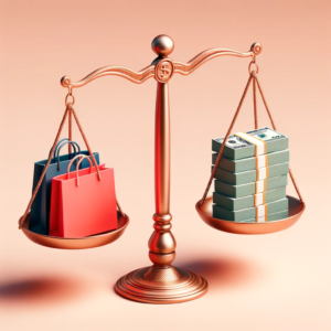DALL·E 2023 10 28 21.42.59 Blog image visualizing the concept of Klarna and the challenges of post payment. The image should depict a balance scale with shopping bags on one sid 1