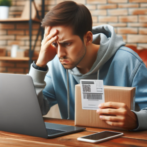 DALL·E 2023 10 28 22.44.30 Photo of a worried person looking at a laptop screen symbolizing a customer who made a mistake during online shopping on AliExpress 13